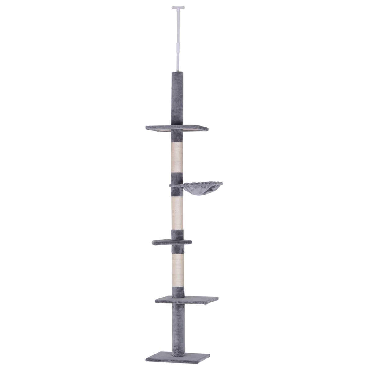 Pawhut árbol para gatos de suelo al techo de 230-260 cm torre para gatos con altura ajustable plataformas hamaca y postes de sisal gris