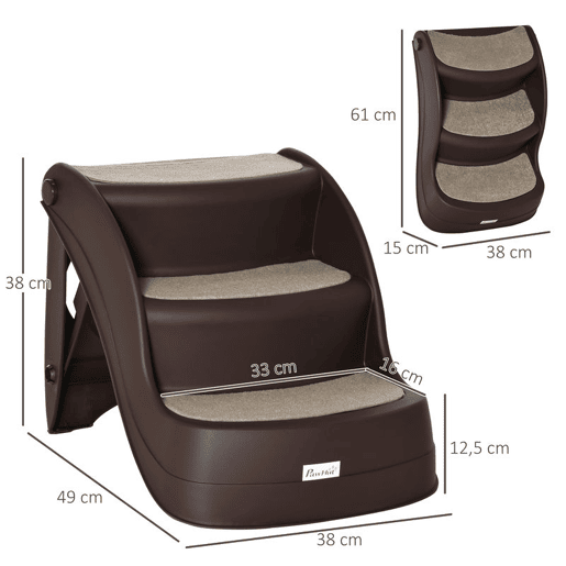 PawHut Escada para Cães de 3 Degraus Dobrável Escada de Plástico para Animais de Estimação com Tapetes Antiderrapantes para Cama Sofá Carga 15kg 49x38x38 cm Marrom