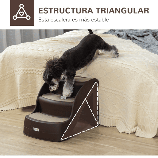 PawHut Escada para Cães de 3 Degraus Dobrável Escada de Plástico para Animais de Estimação com Tapetes Antiderrapantes para Cama Sofá Carga 15kg 49x38x38 cm Marrom
