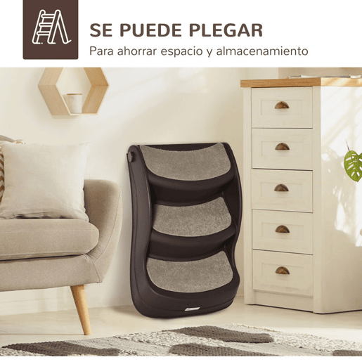 PawHut Escada para Cães de 3 Degraus Dobrável Escada de Plástico para Animais de Estimação com Tapetes Antiderrapantes para Cama Sofá Carga 15kg 49x38x38 cm Marrom