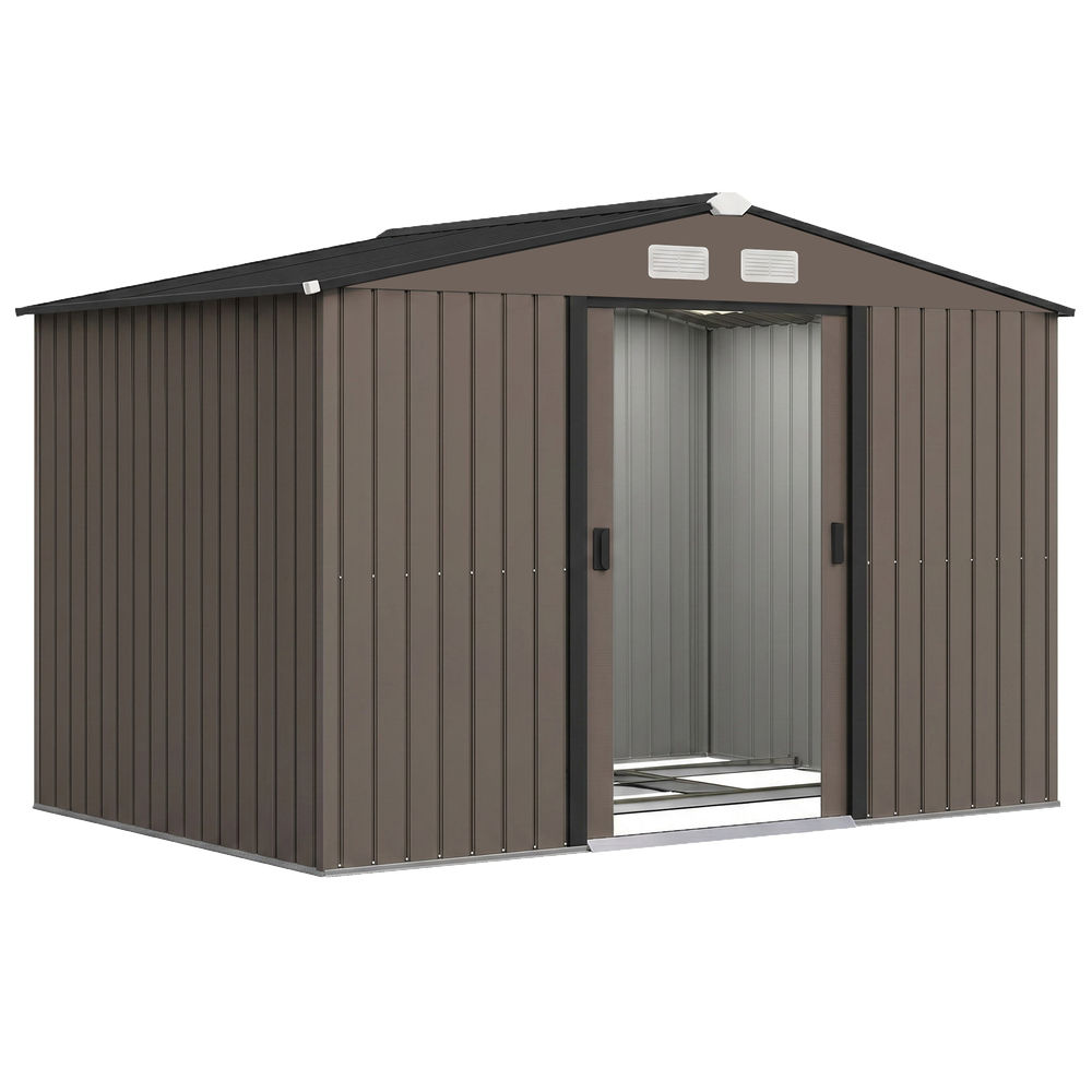 Outsunny caseta de jardín exterior 4,9 m², 277x195x192 cm, cobertizo de jardín exterior metálico con puerta corredera, ventilación y kit de fundación, para almacenamiento de herramientas, marrón