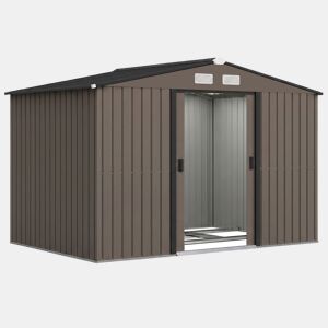 Outsunny Abrigo de Jardim Exterior Abrigo e Jardim Metálico para Armazenamento de Ferramentas com Base Incluída e 4 Janelas 277x195x192 cm Madeira