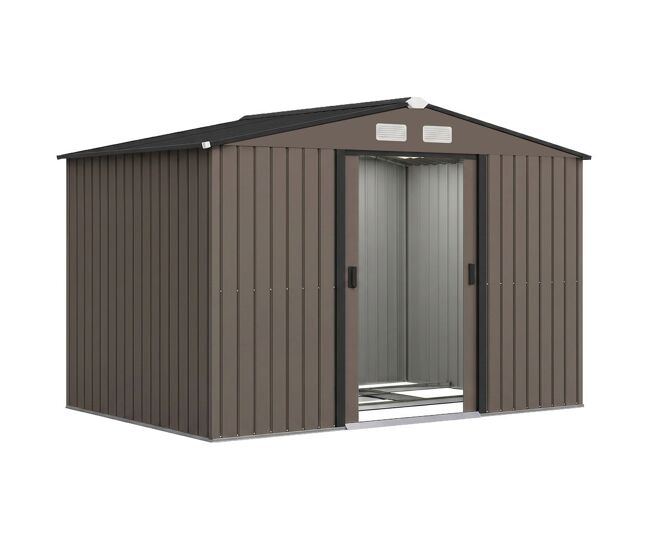 Outsunny caseta de jardín exterior 4,9 m², 277x195x192 cm, cobertizo de jardín exterior metálico con puerta corredera, ventilación y kit de fundación, para almacenamiento de herramientas, marrón