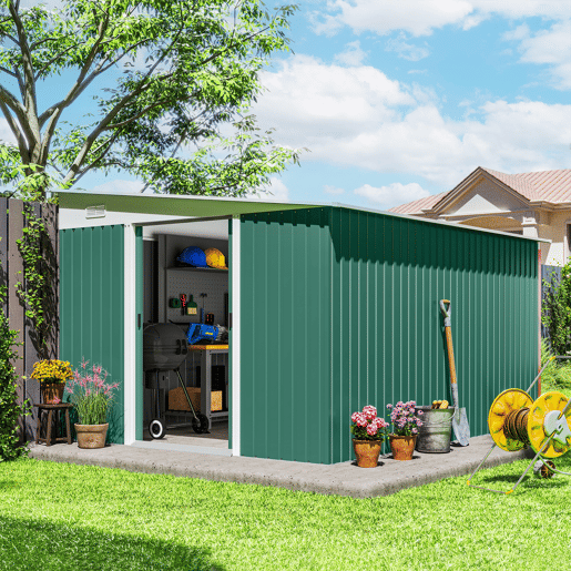 Outsunny Abrigo de Jardim 280x345x201 cm 8,9 m² Abrigo de Exterior de Aço para Armazenamento de Ferramentas com Portas e 2 Janelas Verde