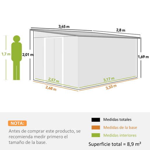 Outsunny Abrigo de Jardim 280x345x201 cm 8,9 m² Abrigo de Exterior de Aço para Armazenamento de Ferramentas com Portas e 2 Janelas Verde