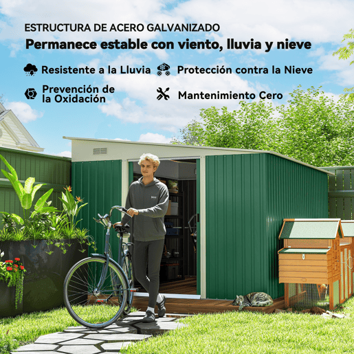 Outsunny Abrigo de Jardim 280x345x201 cm 8,9 m² Abrigo de Exterior de Aço para Armazenamento de Ferramentas com Portas e 2 Janelas Verde