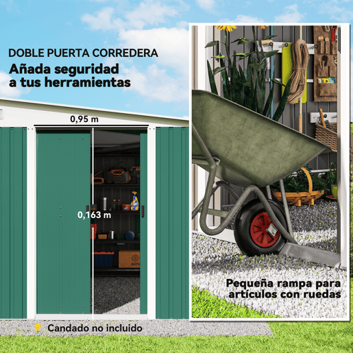 Outsunny Abrigo de Jardim 280x345x201 cm 8,9 m² Abrigo de Exterior de Aço para Armazenamento de Ferramentas com Portas e 2 Janelas Verde