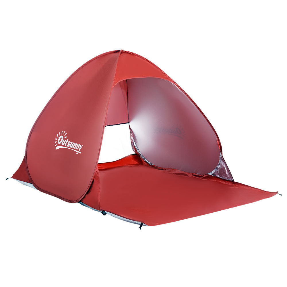 Outsunny tienda de playa para 2-3 personas pop-up instantánea y portátil con ventanas tipo refugio tienda de campaña para playa picnic camping con protección solar uv 200x150x119 cm rojo