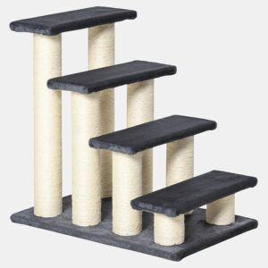 PawHut Escada para animais de estimação escada para gatos cães cobertura macia de pelucia Raspador de Sisal Estável 4 Passos 60x42x61 cm Cinzento