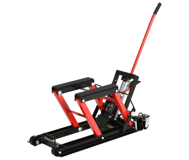Durhand gato hidráulico de motocicletas soporte 680 kg elevador atv para garaje pista altura ajustable 24-36 cm con plataforma almohadilla antideslizante de alta resistencia 110x36x67 cm negro y rojo