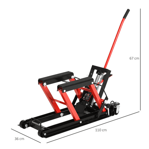 DURHAND Macaco Hidráulico de Motocicletas Elevador de garagem ATV pista com plataforma Suporte antiderrapante para serviço pesado em aço 680 kg 110x36x67 cm Preto e vermelho
