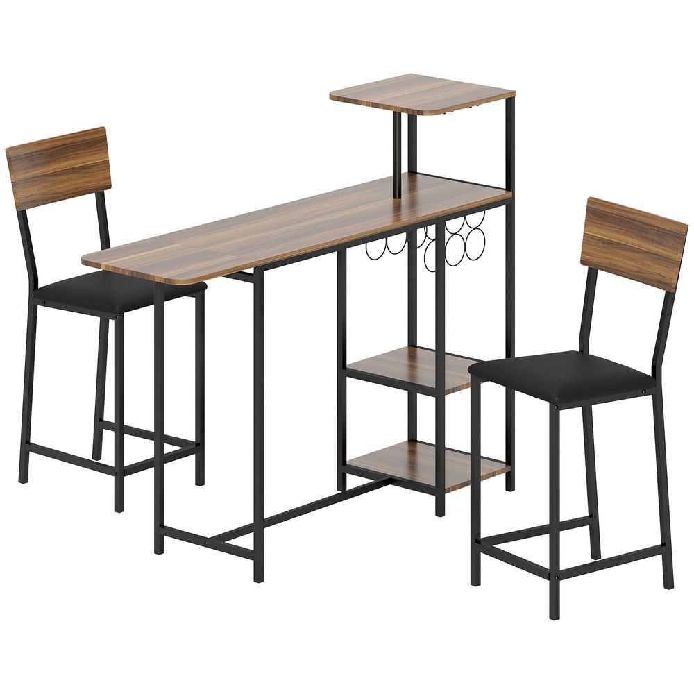 Homcom juego de mesa y taburetes de bar mesa alta de cocina con 2 taburetes laterales abatibles soporte para vinos y estantes estilo industrial marrón y negro