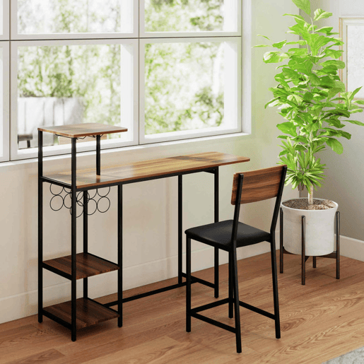 HOMCOM Conjunto de Mesa e Bancos de Bar Mesa Alta de Cozinha com 2 Bancos Laterais Rebatíveis Suporte para Vinhos e Prateleiras Estilo Industrial Castanho e Preto