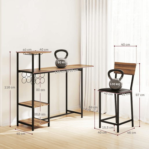 HOMCOM Conjunto de Mesa e Bancos de Bar Mesa Alta de Cozinha com 2 Bancos Laterais Rebatíveis Suporte para Vinhos e Prateleiras Estilo Industrial Castanho e Preto