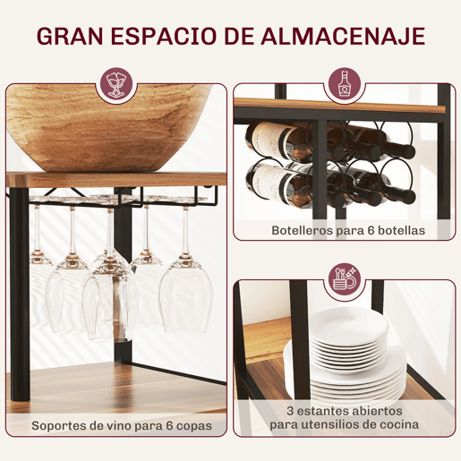 HOMCOM Conjunto de Mesa e Bancos de Bar Mesa Alta de Cozinha com 2 Bancos Laterais Rebatíveis Suporte para Vinhos e Prateleiras Estilo Industrial Castanho e Preto