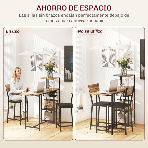 HOMCOM Conjunto de Mesa e Bancos de Bar Mesa Alta de Cozinha com 2 Bancos Laterais Rebatíveis Suporte para Vinhos e Prateleiras Estilo Industrial Castanho e Preto