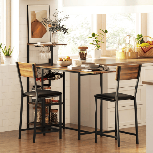 HOMCOM Conjunto de Mesa e Bancos de Bar Mesa Alta de Cozinha com 2 Bancos Laterais Rebatíveis Suporte para Vinhos e Prateleiras Estilo Industrial Castanho e Preto