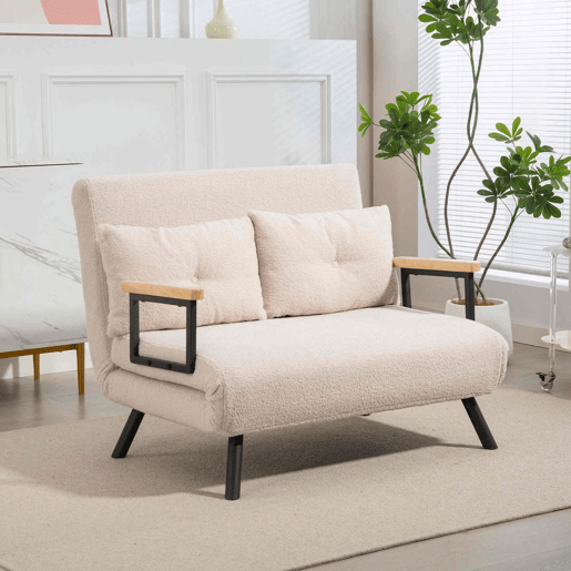 HOMCOM Sofá Cama Convertível em Cama de 2 Lugares Dobrável com Encosto Ajustável em 5 Níveis e 2 Almofadas Acolchoadas 102x73x81 cm Bege Creme