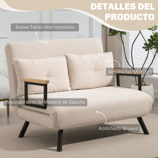 HOMCOM Sofá Cama Convertível em Cama de 2 Lugares Dobrável com Encosto Ajustável em 5 Níveis e 2 Almofadas Acolchoadas 102x73x81 cm Bege Creme
