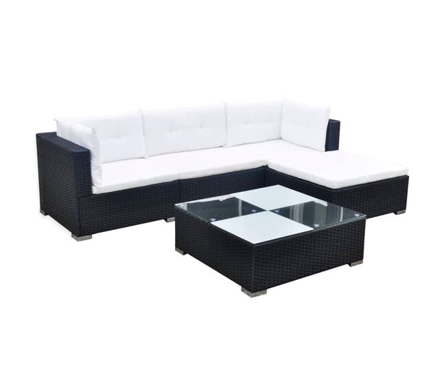Conjunto de muebles de jardín de exterior 5 piezas con cojines mimbre negro resina 02_0016495