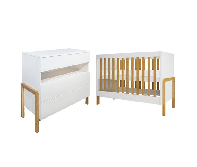Cuna 60x120 y cómoda 3 cajones kocot kids victor - blanco y roble