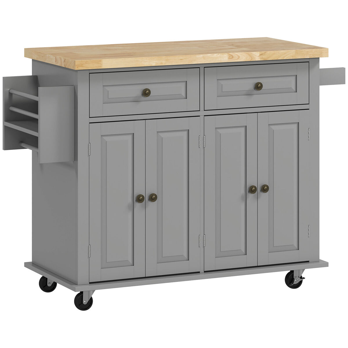 Homcom isla de cocina con ruedas carro de cocina con 2 cajones 4 puertas especiero encimera de madera estante ajustable y barra lateral para comedor 111x44,5x82,5 cm gris