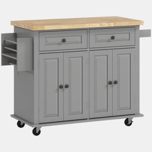 HOMCOM Ilha de Cozinha com Rodas Móvel Auxiliar de Cozinha com 2 Gavetas 4 Portas Suporte para Temperos e Barra Lateral 111x44,5x82,5 cm Cinzento e Madeira