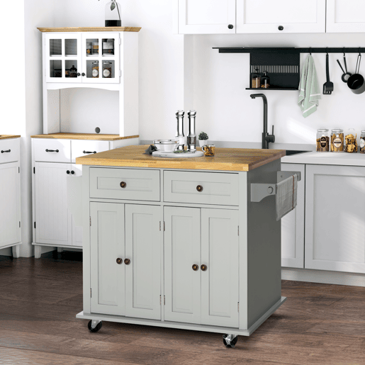 HOMCOM Ilha de Cozinha com Rodas Móvel Auxiliar de Cozinha com 2 Gavetas 4 Portas Suporte para Temperos e Barra Lateral 111x44,5x82,5 cm Cinzento e Madeira