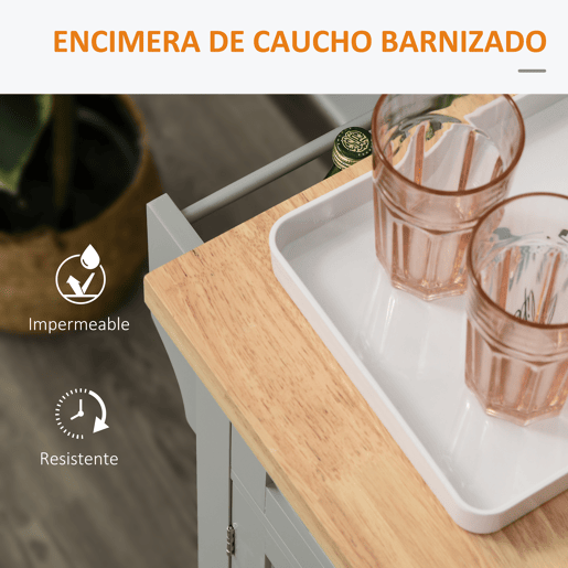 HOMCOM Ilha de Cozinha com Rodas Móvel Auxiliar de Cozinha com 2 Gavetas 4 Portas Suporte para Temperos e Barra Lateral 111x44,5x82,5 cm Cinzento e Madeira
