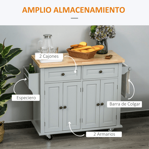 HOMCOM Ilha de Cozinha com Rodas Móvel Auxiliar de Cozinha com 2 Gavetas 4 Portas Suporte para Temperos e Barra Lateral 111x44,5x82,5 cm Cinzento e Madeira