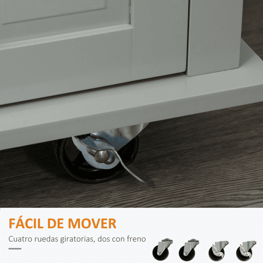 HOMCOM Ilha de Cozinha com Rodas Móvel Auxiliar de Cozinha com 2 Gavetas 4 Portas Suporte para Temperos e Barra Lateral 111x44,5x82,5 cm Cinzento e Madeira
