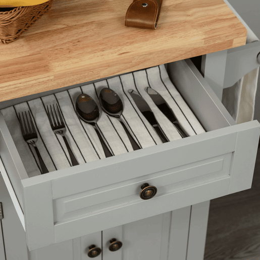 HOMCOM Ilha de Cozinha com Rodas Móvel Auxiliar de Cozinha com 2 Gavetas 4 Portas Suporte para Temperos e Barra Lateral 111x44,5x82,5 cm Cinzento e Madeira