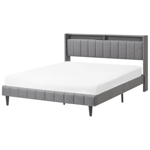 Cama com LED Tecido BEAULIEU 160 x 200 cm com arrumação com entrada USB Cinzento escuro