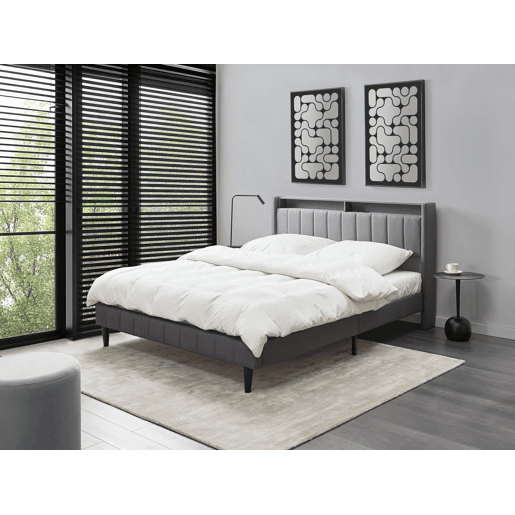 Cama com LED Tecido BEAULIEU 160 x 200 cm com arrumação com entrada USB Cinzento escuro