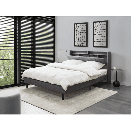 Cama com LED Tecido BEAULIEU 160 x 200 cm com arrumação com entrada USB Cinzento escuro