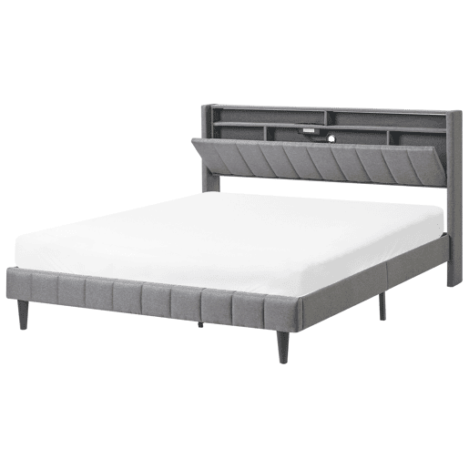 Cama com LED Tecido BEAULIEU 160 x 200 cm com arrumação com entrada USB Cinzento escuro