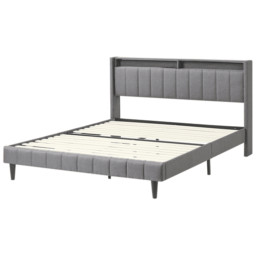 Cama com LED Tecido BEAULIEU 160 x 200 cm com arrumação com entrada USB Cinzento escuro