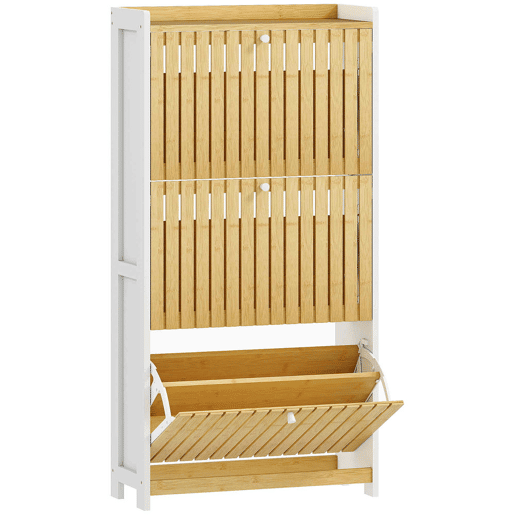 HOMCOM Sapateira Estreita com 3 Portas de Bambu em Ripas Móvel Sapateira com Prateleiras Ajustáveis para 18 Pares de Sapatos 60x24x118 cm Branco e Madeira
