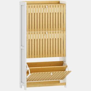 HOMCOM Sapateira Estreita com 3 Portas de Bambu em Ripas Móvel Sapateira com Prateleiras Ajustáveis para 18 Pares de Sapatos 60x24x118 cm Branco e Madeira
