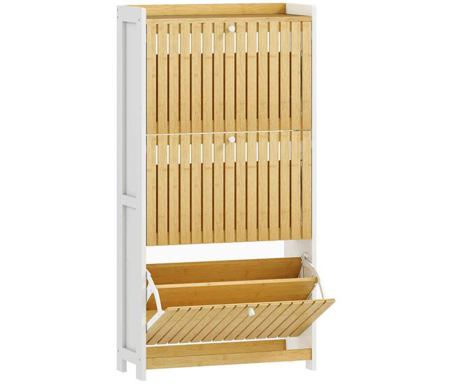 Homcom zapatero estrecho con 3 puertas de bambú con listones zapatero entrada recibidor con estantes ajustables para 18 pares de zapatos 60x24x118 cm blanco y natural