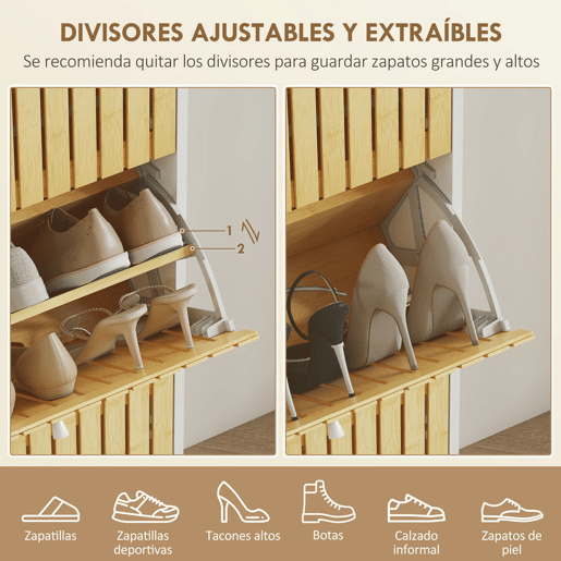 HOMCOM Sapateira Estreita com 3 Portas de Bambu em Ripas Móvel Sapateira com Prateleiras Ajustáveis para 18 Pares de Sapatos 60x24x118 cm Branco e Madeira