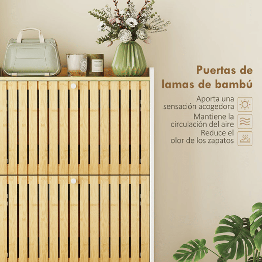 HOMCOM Sapateira Estreita com 3 Portas de Bambu em Ripas Móvel Sapateira com Prateleiras Ajustáveis para 18 Pares de Sapatos 60x24x118 cm Branco e Madeira