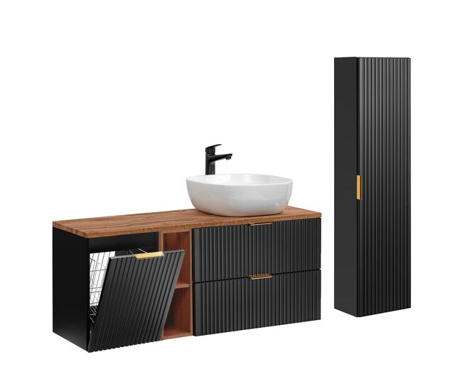 Conjunto mueble lavabo individual 140cm 2 compartimientos cesto y columna adriel negro y madera