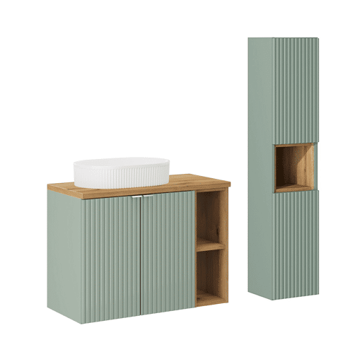 Móvel de lavatório simples 80cm 2 portas 2 nichos e coluna Verde Jade e Madeira