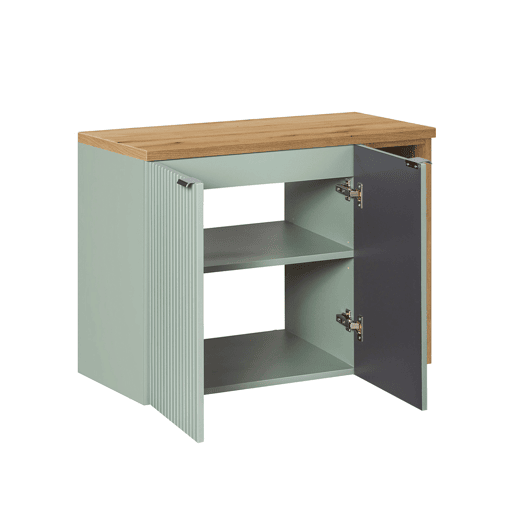 Móvel de lavatório simples 80cm 2 portas 2 nichos e coluna Verde Jade e Madeira