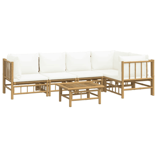Móveis de jardim móveis de exterior Conjunto de móveis de 6 peças com almofadas de bambu branco creme 02_0016637