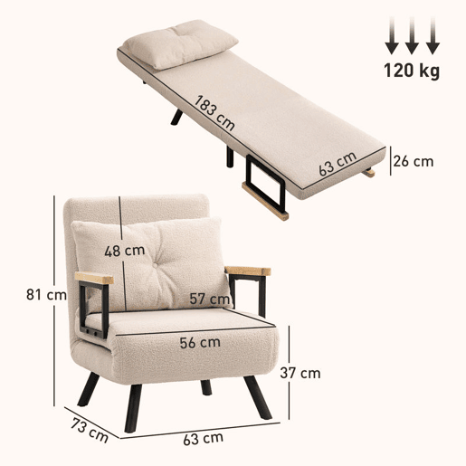 HOMCOM Poltrona Convertível em Cama Dobrável Poltrona 3 em 1 Convertível em Cama com Encosto Ajustável em 5 Níveis e Almofada Acolchoada para Escritório Sala de Estar Carga 120 kg 63x73x81 cm Bege
