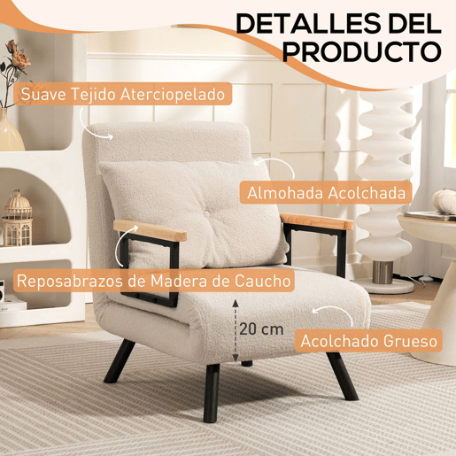 HOMCOM Poltrona Convertível em Cama Dobrável Poltrona 3 em 1 Convertível em Cama com Encosto Ajustável em 5 Níveis e Almofada Acolchoada para Escritório Sala de Estar Carga 120 kg 63x73x81 cm Bege