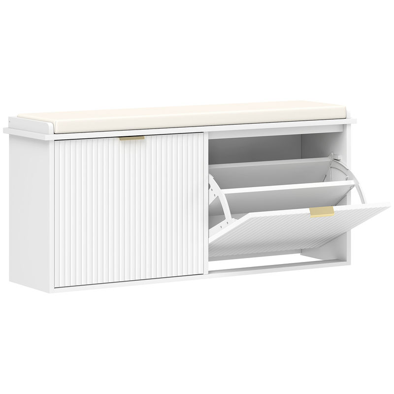 Homcom banco zapatero mueble zapatero estrecho banco recibidor con asiento acolchado cajón abatible y panel de tablillas para 10 pares de zapatos para entrada dormitorio 104x26x47,5 cm blanco