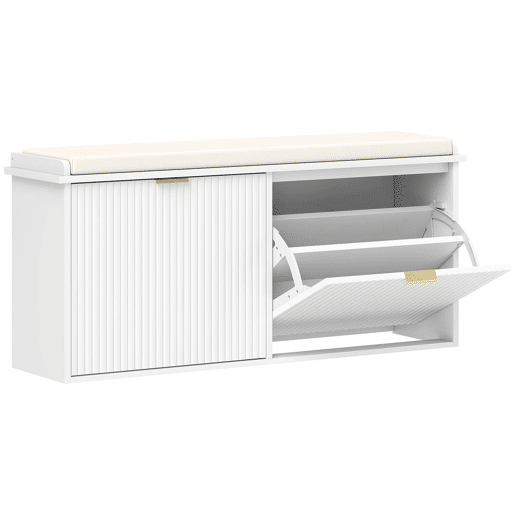 HOMCOM Banco Sapateira Móvel Sapateira Estreito Banco de Entrada com Assento Estofado 2 Caixas Rebatível e Painel de Ripas para Entrada Quarto Sala de Estar 104x26x47,5 cm Branco